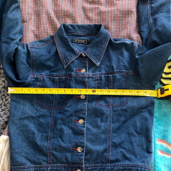 RARE Vintage Y2K AU COTON Brand Denim Jacket Women Size M Red Stitching Cotton - Picture 6 of 7